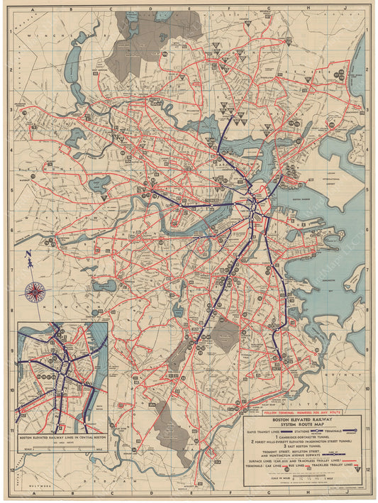 Boston Elevated Railway System Route Map 1946
