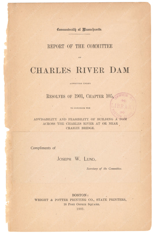 Charles River Dam Report 1903: Title Page