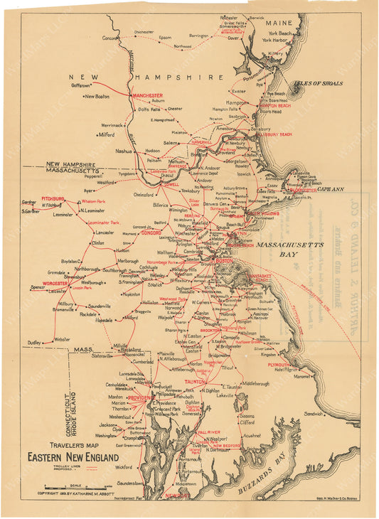 Traveler's Trolley Map of Eastern New England 1901