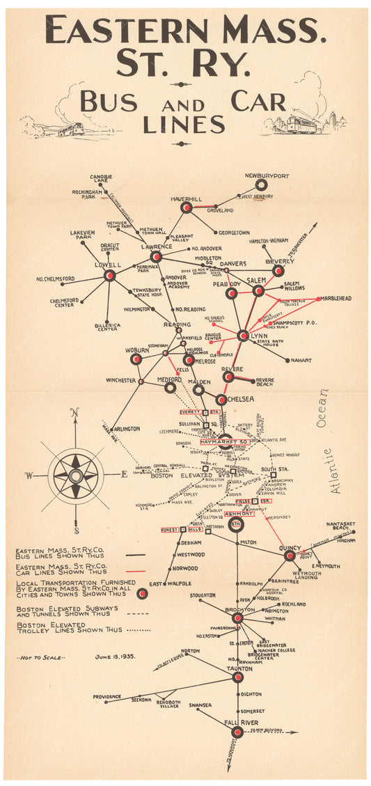 Eastern Mass. Street Railway Co. Bus and Car Lines Map 1935