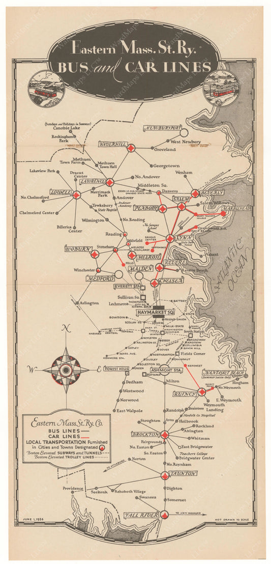 Eastern Mass. Street Railway Co. Bus and Car Lines Map 1936