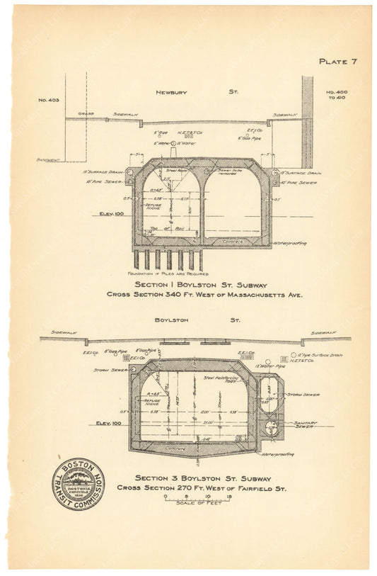 BTC Annual Report 18, 1912 Plate 07: Boylston Street Subway Cross Sections