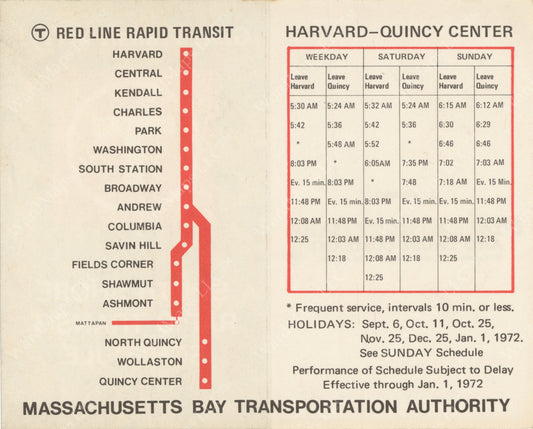Red Line South Shore Schedule Card (Side B) 1971
