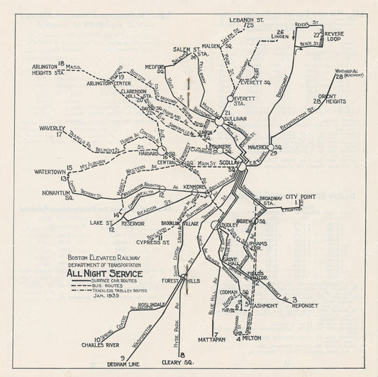 Boston Elevated Railway Night Service Map 1939
