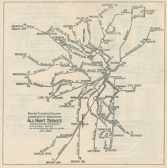 Boston Elevated Railway Night Service Map 1940