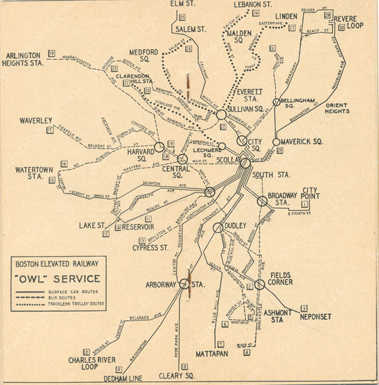 Boston Elevated Railway Night Service Map 1947