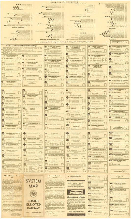 Boston Elevated Railway System Route Map 1936: Routes and Times