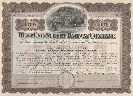 West End Street Railway Co. Bond Certificate Circa 1900